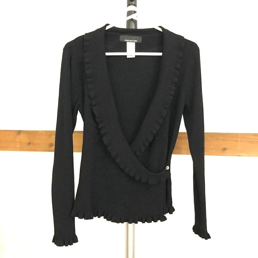 Jones New‎ York Black Ribbed Ruffle Faux Wrap Sweater Top Sz S